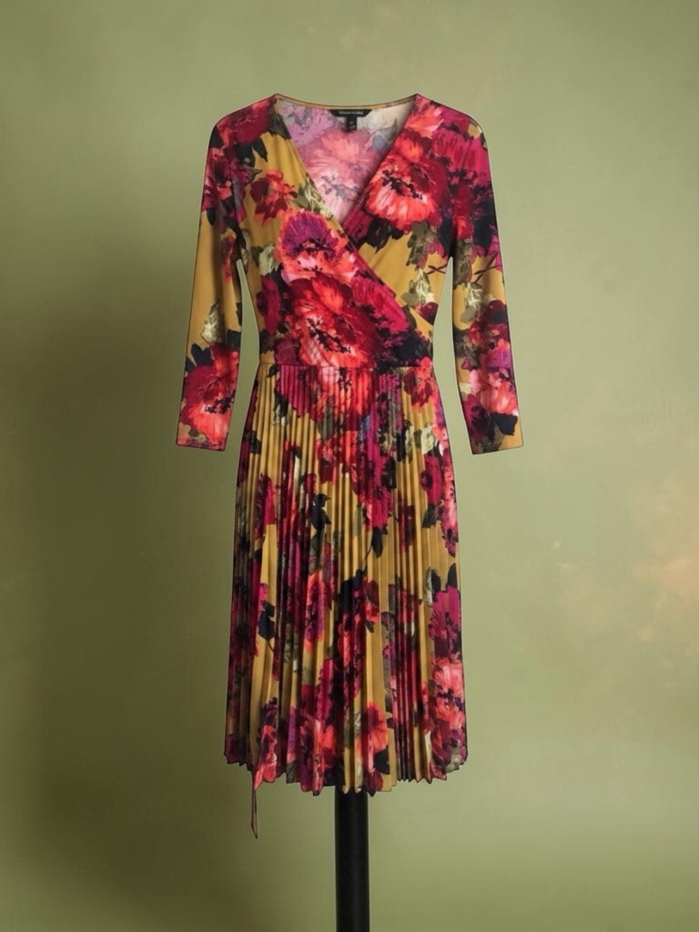 Maggy London Mustard Floral Wrap Midi Dress with Fuchsia Blooms